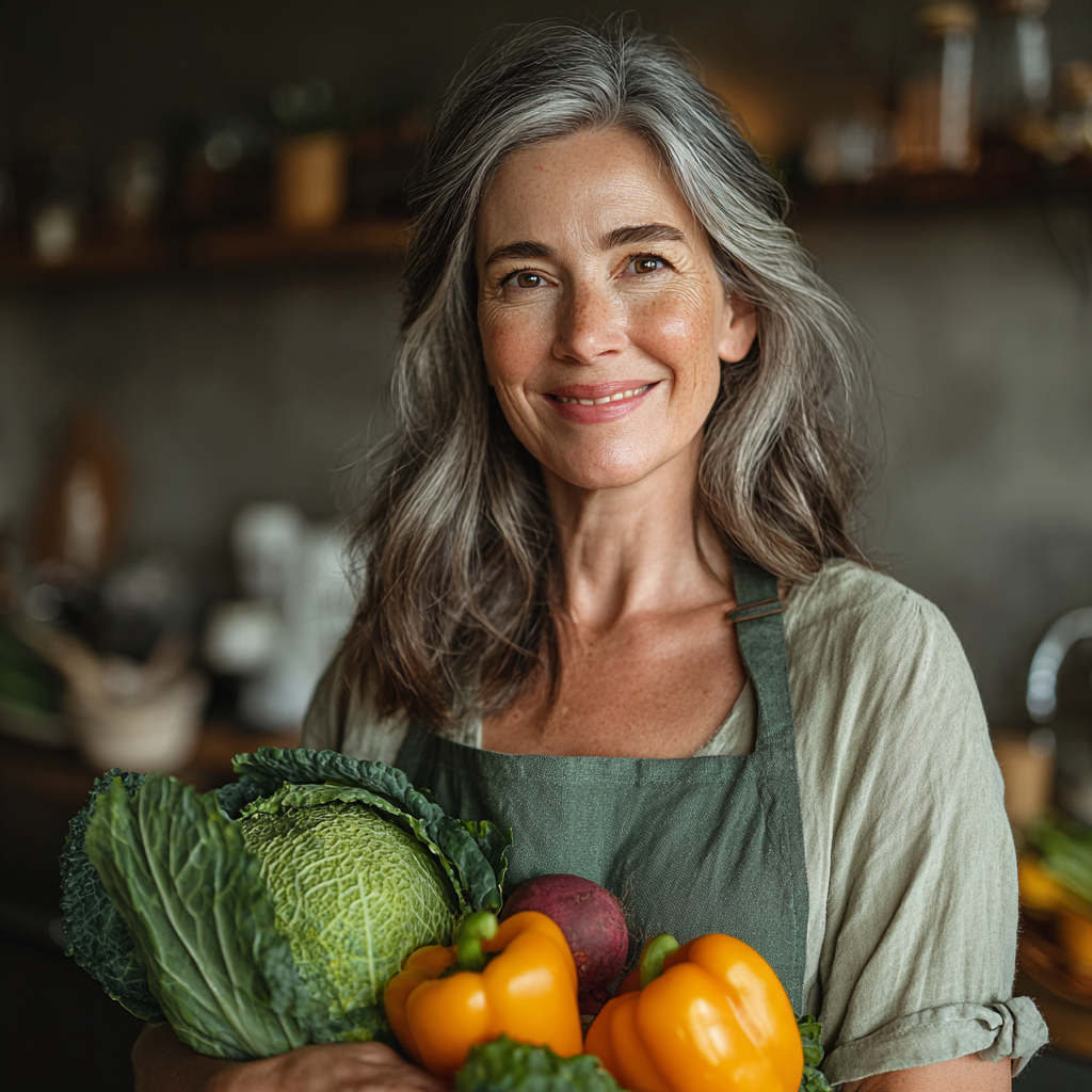 Cheerful woman in her late forties with silver-streaked brown hair wearing a light green apron, standing in a bright modern kitchen and smiling while holding fresh vegetables including leafy greens and colorful bell peppers, natural lighting highlighting her confident and healthy appearance