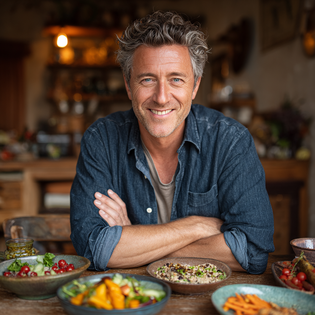 Confident middle-aged man in his early fifties with graying temples wearing a casual button-down shirt, sitting at a wooden dining table with a colorful Mediterranean-style meal featuring fresh vegetables, whole grains and lean protein, smiling genuinely at the camera in warm natural lighting